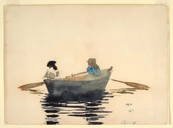 Tegning, To piger i en robåd, 1876-80
