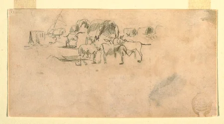 Tegning, vogntog i lejr, 1862