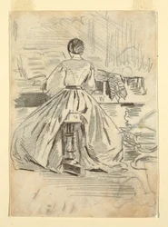 Tegning, kvinde ved klaver, 1862