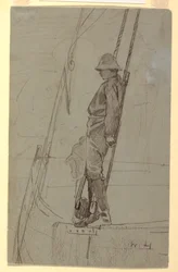Tegning, Ung mand læner sig op ad sejlbådens rigning, sandsynligvis 1861-62