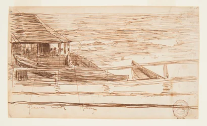 Hus ved et rækværk med strandede dories