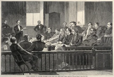 Nævninge lytter til advokat, Højesteret, New City Hall, New York, 1869.