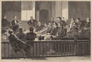 Jurors Listening to Counsel, Supreme Court, New City Hall, New York, udgivet 1869.