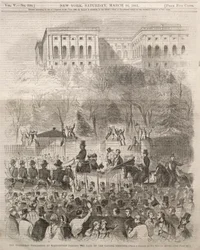 Den indledende procession i Washington passerer hovedstadens port, 1861.