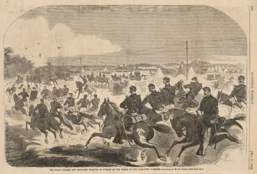 Unionens kavaleri og artilleri starter i jagten på oprørerne op ad Yorktown Turnpike, fra Harper