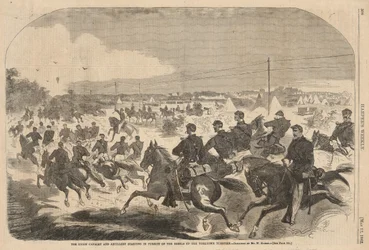 Unionens kavaleri og artilleri indleder forfølgelsen af rebellerne ad Yorktown Turnpike, fra Harper