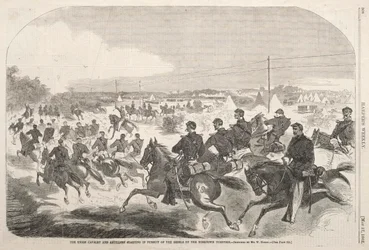 Unionens kavaleri og artilleri starter i jagten på oprørerne op ad Yorktown Turnpike, 1862.