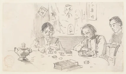 Tre kinesiske mænd spiller domino i et klubhus på Baxter Street, New York City