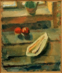 Stilleben med melon og æbler