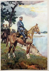 Ridesportræt af Marechal Jozef (Joseph) Klemens Pilsudski (1867-1935) på hans yndlingshest Kasztanka. Maleri af Woiciech Von Kossak (1857-1942)
