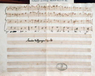 Side med komponistens underskrift af Querite primum regnum Dei af Mozart for at opnå titlen Accademico filarmonico (1770)