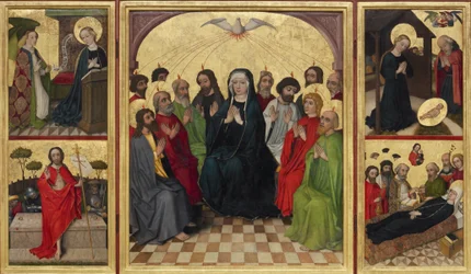 Helligåndens retable åben. pinse, bebudelse, fødsel, Kristi opstandelse og jomfruens død, ca. 1448
