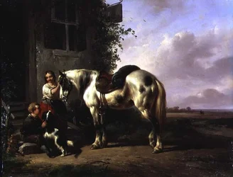 Ydersiden af en kro med ung pige, dreng, hund, hest