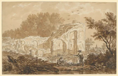 Lystfisker med kvinde og barn ved en ruin