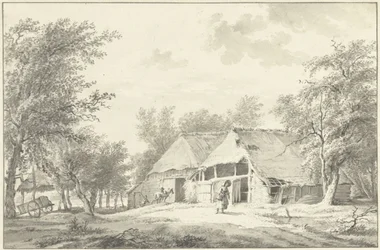 Landskab med gård og kvinde med kurv