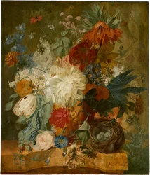 Stilleben med blomsterbuket og fuglerede