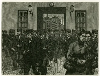 En fabriksudgang i Gent. Gravering af X. Mellery, efter naturen, for at illustrere historien "" Belgien"", i 1888, af Camille Lemonnier (1844-1913), kunstkritiker og forfatter. Udgivet i Tour du monde, 2. semester 1883, redigeret af Edouard Charton (1807-1