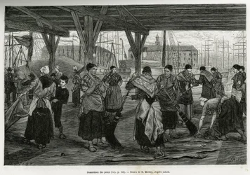 Afsaltning af skindene, ved at kvinder skraber resterne af dyrene udstrakt under strukturerne i hallerne i havnen i Antwerpen. Gravering af X.Mellery, for at illustrere historien om Belgien, af Camille Lemonnier, udgivet i Tour du monde, red.