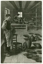 Keramikeren fra Terneuzen, i sit værksted, tilstoppet med vaser og fade, nær vinduet, keramikeren arbejder med leret på seletøjet, og hans lærling nedenunder arbejder omdrejningen. Gravering af X.Mellery, efter naturen, for at illustrere historien "" Belgi