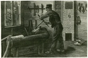 Sabotøren af Terneuzen, har etableret sig, forstørrer og graver træet ved hjælp af prop. Gravering af X.Mellery, efter naturen, for at illustrere historien "" Belgien"", i 1888, af Camille Lemonnier (1844-1913), kunstkritiker og forfatter. Udgivet i Til