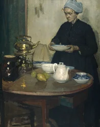 Kvinde ved sofabordet (olie på lærred)
