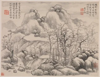 Snowscape, fra Album for Zhou Lianggong, dateret til 1645-55 (dobbelt albumblad fra et kollektivt album med tolv malerier og modstående sider med kalligrafi; blæk på papir)