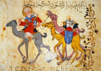 Kamelkaravane i ørkenen (Karavane). Miniature fra „Maqamat“ (Seancer) af Abu Mohammed al-Kasim ibn Ali Hariri (eller Al-Hariri eller Al Hariri) (1054-1122), illumineret af Yahya Mahmud al-Wasiti (al Wasiti) i 1237, Paris, B.N.