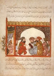 Ms Ar 5847 f.16, Kancelli Maragha: guvernøren har foreslået Abu Zayd at træde i hans tjeneste, fra Al Maqamat af Al Hariri, ca. 1240 (gouache på vellum)