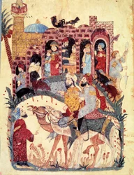 den borgerlige al-Harith (Al Harith), søn af Hammam, og den omvandrende navigatør Abu-Zayd (Abu Zayd, Abu Zayd) ankommer til en by, moskeen og minaretten, handelsaktiviteter, basarer og kvindearbejde er beskrevet Miniature fra "Maqamat" (Seances)