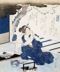 Courtesane iført yukata (blå og hvid bomuldskimono), vægpanel er dekoreret med digt