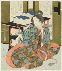 En kvinde trækker i snoren af en bogetui med hjul, fra serien "A Set of Seven for the Katsushika Club"
