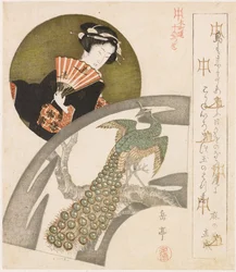 Geisha og påfugl på blomstrende blommetræ; En serie på ti tryk for Honchôren (serietitel); Honchôren jûbantsuzuki (serietitel på objektet)