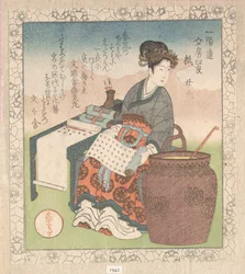 Nuji (japansk: Joki; kvindelig ledsager, der samlede skrifter af daoistiske vismænd); „Papir“ (Kami), fra Fire venner ved skrivebordet for Ichiyō-digterkredsen (Ichiyō-ren Bunbō shiyū) Fra Forårnsregnsamlingen (Harusame shū), bd. 1