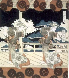 To dansere optræder på scenen fra The Dance at Furuichi for Hisakataya Group-serien, ca. 1822 (blæk)