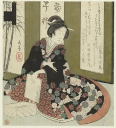 Kvinde med bog En serie på syv tryk for Katsushika Poetry Society (serietitel) Katsushika shichibantsuzuki (serietitel på objekt)