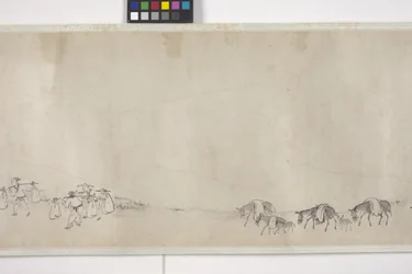Et hundrede æsler, der transporterer korn, håndrulle, ca. 1700 (blæk på papir)