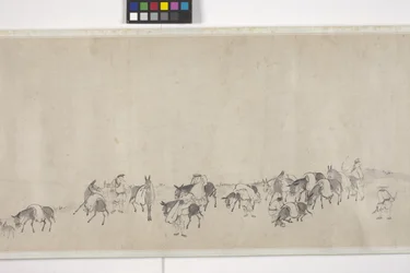 Et hundrede æsler, der transporterer korn, håndrulle, ca. 1700 (blæk på papir)
