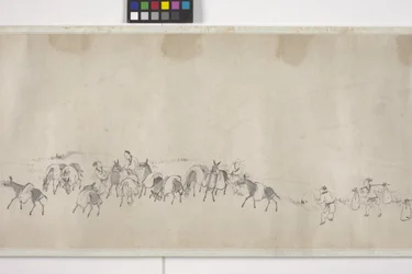 Et hundrede æsler, der transporterer korn, håndrulle, ca. 1700 (blæk på papir)