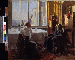 I en kunstners atelier. Maleri af Yefim Mikhailovich Cheptov (1875-1950). Olie på lærred