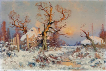 Vinterlandskab i aftensolen. Maleri af Juli Julievich (Julius) von Klever (1850-1924), olie på lærred, slutningen af ​​det 19.-begyndelsen af ​​det 20. århundrede. Russisk kunst, realisme. Privat samling.