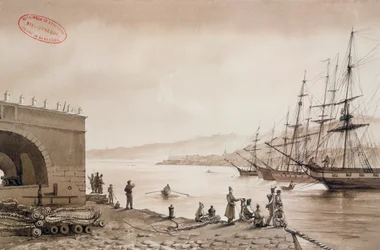 Udsigt over Fort Bab Azoun fra havnen, Algier, ca. 1830-31 (wc på papir)