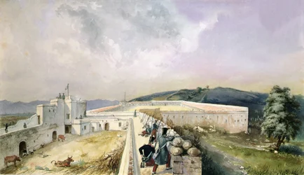 Udsigt over en forsøgsgård i udkanten af Algier, ca. 1830-31 (akvarel på papir)