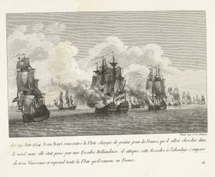 Jan Bart herovert graanschepen op een Hollands eskader, 1694 Den 29. juni 1694 mødte Jean-Bart flåden lastet med korn til Frankrig (...) og overtog hele flåden, som han bragte tilbage til Frankrig (titel på objekt) Indsamling af kampene fra Jean-Bart, chef
