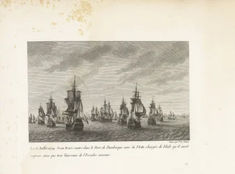Jan Bart vaart Duinkerke binnen met de heroverde graanschepen, 1694 Den 3. juli 1694 vender Jean-Bart tilbage til havnen i Dunkerque med flåden lastet med bleds, som han havde overtaget, samt tre fartøjer fra fjendens eskadrille (titel på objekt) Kollektio