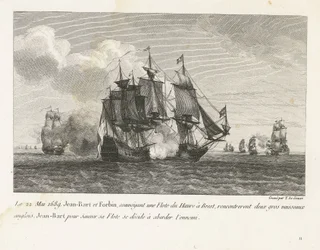 Jan Bart valt twee Engelse schepen aan, 1689 Den 22. maj 1689 stødte Jean-Bart og Forbin, der transporterede en flåde fra Le Havre til Brest, på to store engelske fartøjer, Jean-Bart beslutter sig for at redde sin flåde at nærme sig fjenden (titel på objek