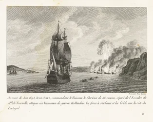 Jan Bart valt zes Hollandse schepen aan voor de kust van Portugal, 1693 I juni 1693 angreb Jeaan-Bart, der kommanderede Vaisseau le Glorieux med 66 kanoner (...) seks hollandske krigsskibe (...) på Portugals kyst (titel på objekt) Rec