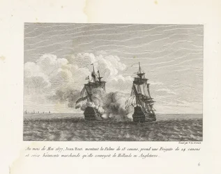 Jan Bart verovert een Hollands fregat, 1677 I maj måned 1677 satte Jean-Bart op på 18-kanoner Palme, tog en 24-kanon fregat og seksten handelsskibe, som hun konvojerede fra Holland til England (titel på objekt) Samling af Jeas kampe