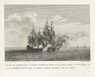 Jan Bart verovert een Hollands fregat, 1677 I september 1677 satte Jean-Bart 18-kanoner Palme om bord på et 36-kanon hollandsk fartøj med flere handelsskibe under hans konvoj (titel på objekt) samling af slagsmål