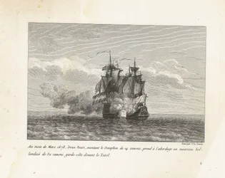 Jan Bart verovert een Hollands fregat, 1678 I marts 1678 gik Jean-Bart, der kørte på 14-kanon Dauphin, om bord på et 32-kanon hollandsk fartøj, kystvagt foran Texel (titel på objekt) Indsamling af kampene fra Jean-Bart, chef for Es