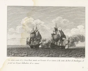 Jan Bart verovert een Hollands fregat bij Duinkerke, 1675 I samme år, 1675, monterede Jean-Bart en 10-kanoners Corsair; ved udgangen af ​​havnen i Dunkerque tager han en hollandsk fregat på 12 kanoner (titel på objektet) Samling af kampene af Jean-Bart, ch